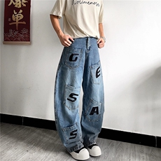 小众美式覆古字母刺绣多口袋工装牛仔裤男女宽松阔腿弯刀裤，男装牛仔裤，星座813-3