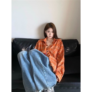 美式复古橙色格纹防晒衬衫女2026夏季装宽松多巴胺气质薄外套上衣图片