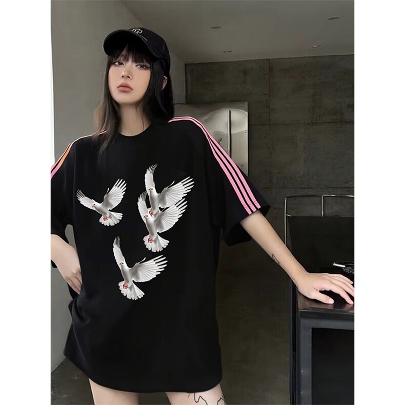 抖音得物品质二开240克宽松纯棉美式潮牌印花三条杠中性风短袖T恤,男装T恤,电商A486-1