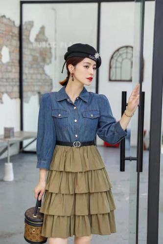 【秋季新款】时尚牛仔拼接连衣裙泡泡裙，女装连衣裙，笑思源