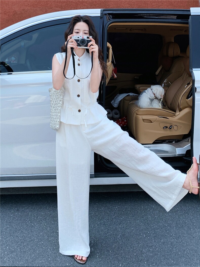 轻熟气质套装裤2026夏季新款高级感刺绣无袖马甲阔腿裤两件套,女装套装/套裙,冬木谷雨