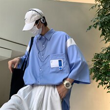 【2025春夏】拼接CITYBOY风中性休闲夏季宽松五分袖男短袖衬衫图片