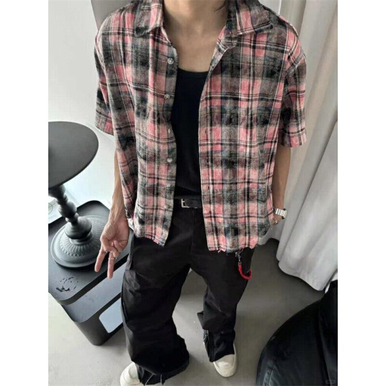 百搭美式复古拼色扎染短袖衬衫男女夏季宽松百搭外套上衣C455,男装T恤,星座1116A（原606A-3）
