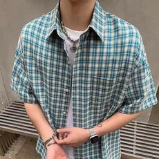 夏季2025新款美式格子短袖衬衫男款潮流帅气情侣宽松防晒衬衣外套，男装衬衫，星座506A