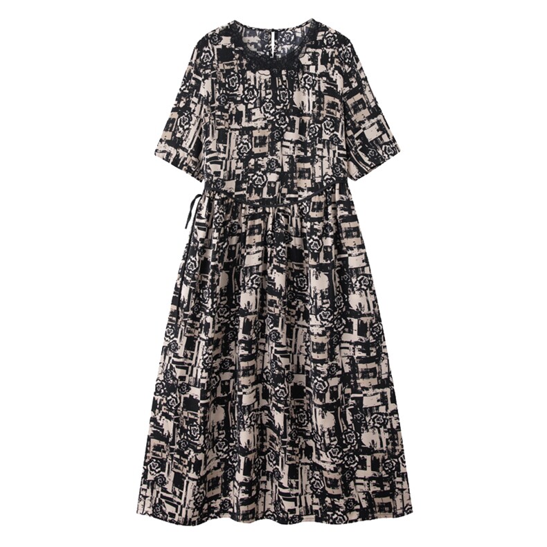 新款腰节调节中长款中国梭织通勤中短袖涤纶版型套头腰2025,女装连衣裙,缘衣格