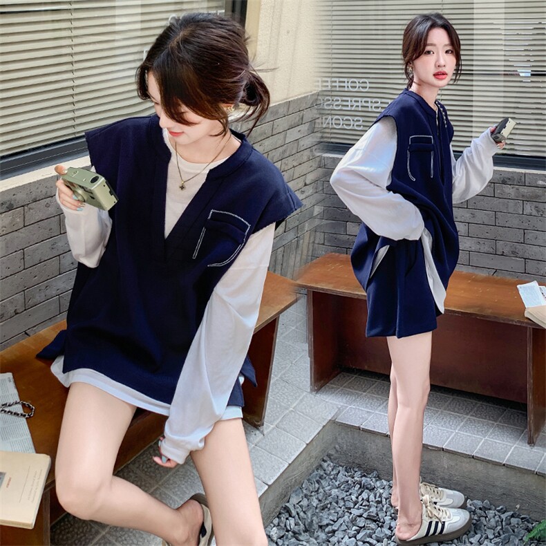 今年流行藏青色休闲套装女早秋2025新款慵懒风百搭马甲短裤三件套，女装套装/套裙，韩蜜菓