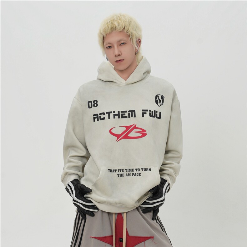 美式复古水洗喷色潮牌连帽卫衣设计感情侣套头外套1015-WY365-P90图片