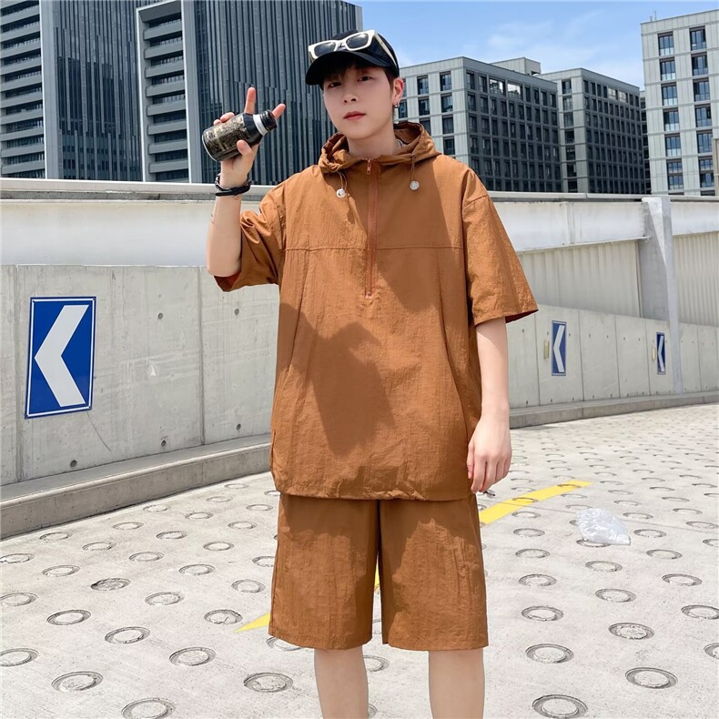 夏季两件套装冰丝速干半拉链短袖连帽衬衣男休闲宽松薄款工装短裤,男装牛仔裤,星座410-7