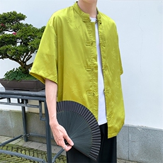 新中式外景夏季新款冰丝暗纹竹子提花上衣短袖T恤T2802-P65-控88，男装T恤，电商A021