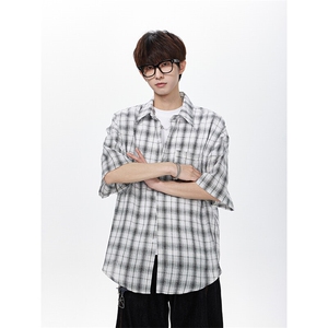 宽松格子五分袖泡泡纱男生衬衫KD686-P40图片