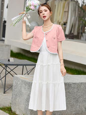 时尚蕾丝花边设计感短外套两件套2025夏季新款白色背心连衣裙套装，女装套装/套裙，慕依路