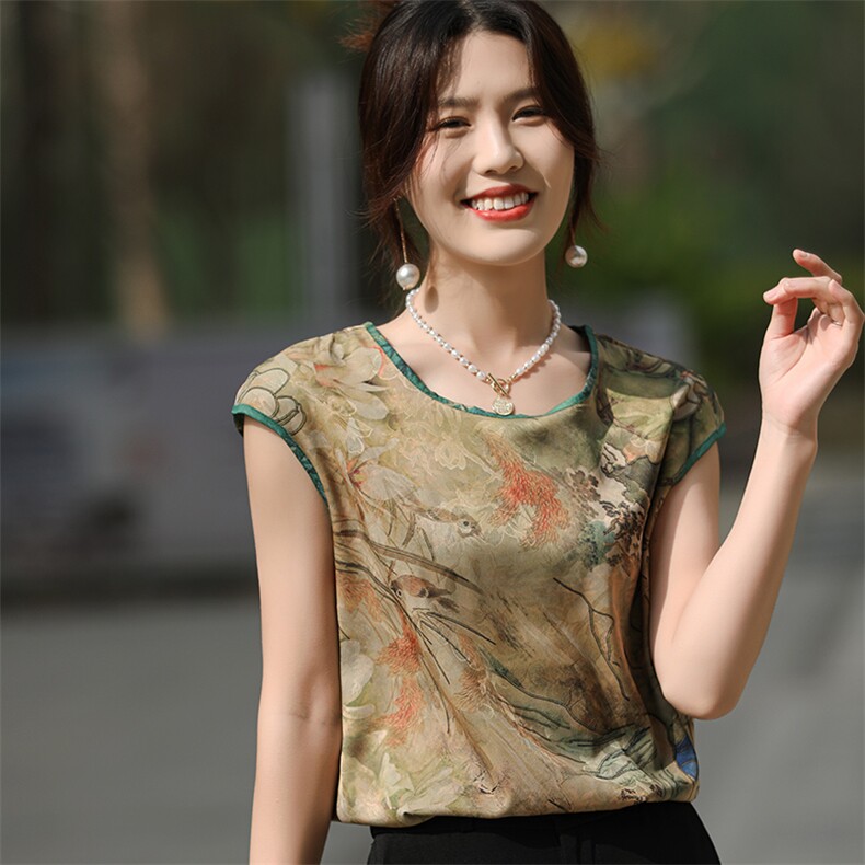 新款爆款无袖吊带真丝3D印花大码女士精品内搭性感圆领领高档背心,女装衬衫,朝贺羊绒