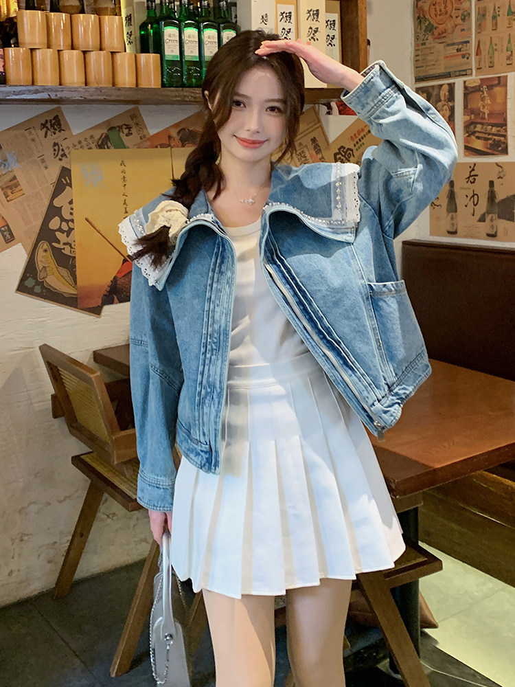 港风甜美蕾丝拼接牛仔外套女小个子2025春季新款短款钉珠翻领上衣,女装牛仔外套,蝶眷
