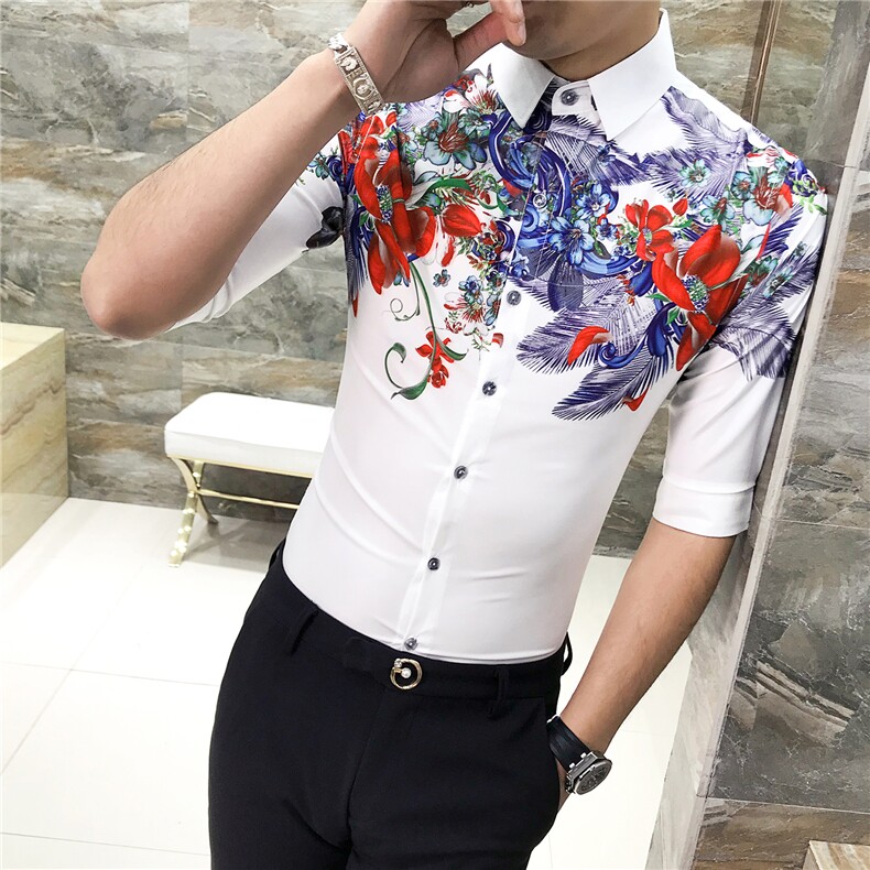 2021新款男士个性花衬衫修身七分袖夜店发型师衬衣工作服D449,男装衬衫,星座419（原A233）