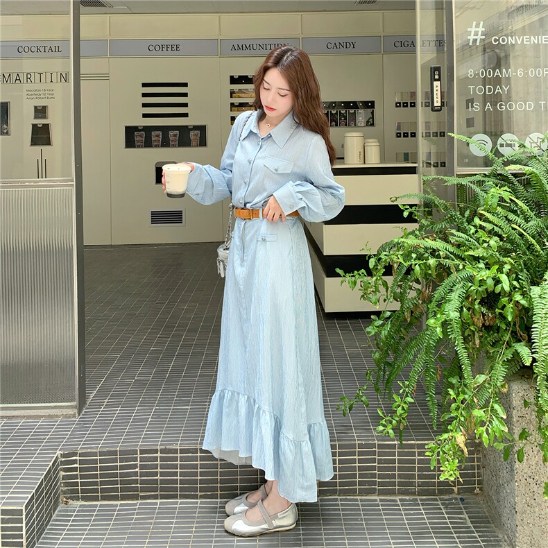 少女风竖条纹蓝色衬衫连衣裙女春秋2025新款学院风长裙巨好看小众,女装连衣裙,2C332