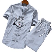 两件套潮男士中国风休闲刺绣唐装潮流青少年汉服套装男TZ026-P50，男装T恤，星座509