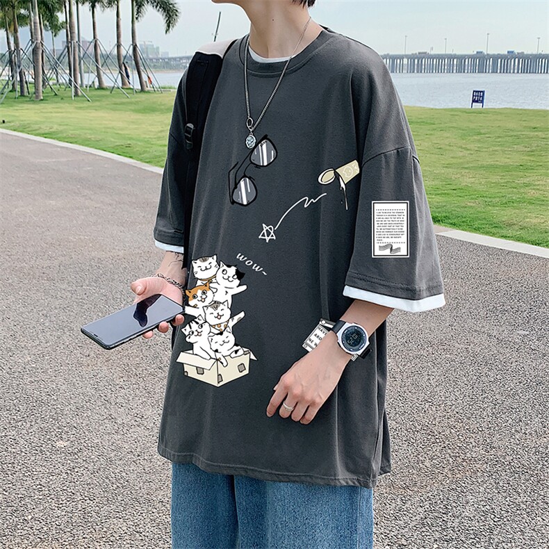 JT55115-P25假两件短袖t恤男大码胖子半袖体恤半截袖港风,男装T恤,电商A040
