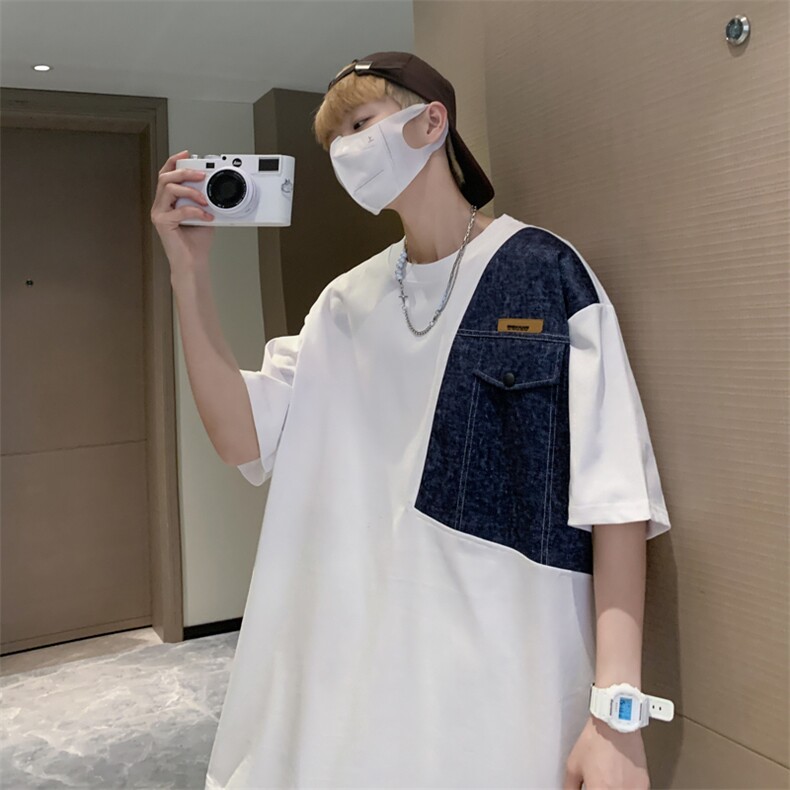 夏季小众设计感情侣装牛仔拼接潮流短袖T恤男装上衣618A-2840-P48,男装T恤,星座914-4