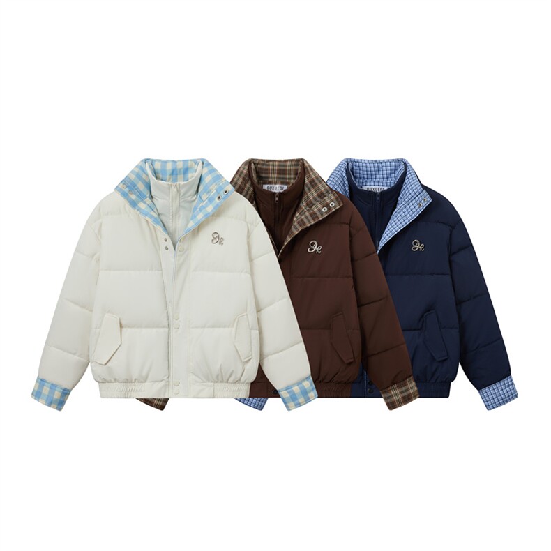 A555-P100冬季新款潮牌设计感双层领格子拼接棉服,男装棉衣,星座911