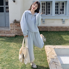 蓝色减龄连帽卫衣套装女2025春新款韩系设计感小个子阔腿裤两件套，女装套装/套裙，2C129