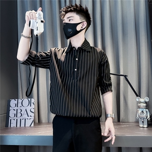 条纹七分袖衬衫男痞帅高级感社会小伙店主风301C-CS22-P58控78图片