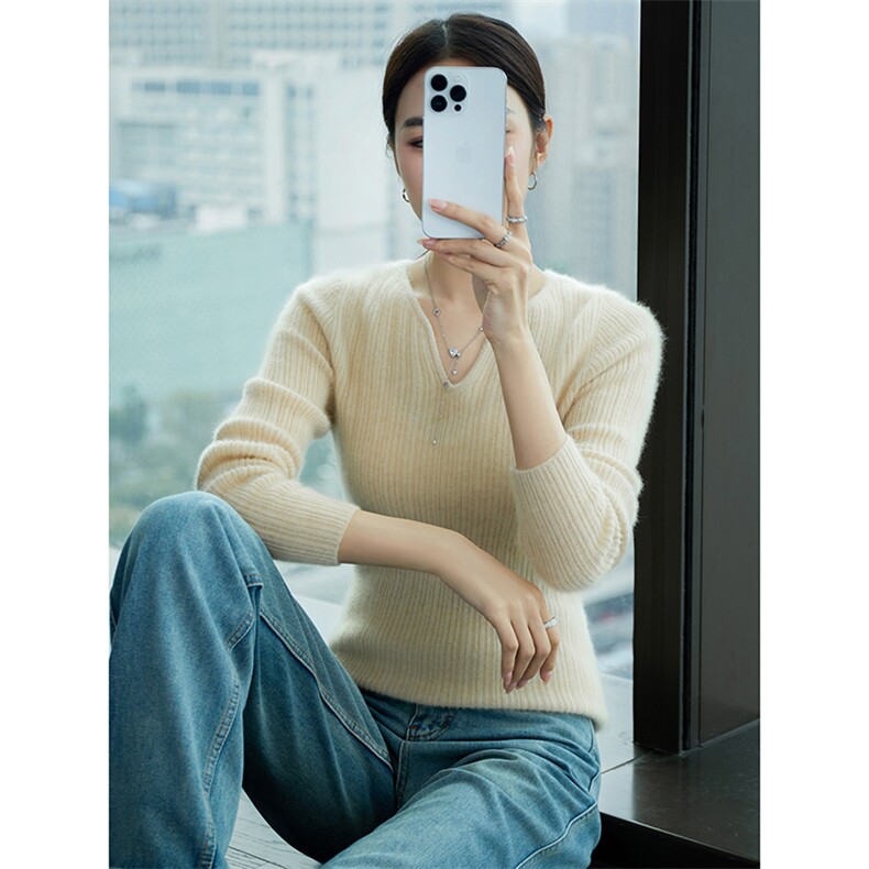 时尚优雅羊绒衫修身显瘦V领长袖毛衣,女装羊绒衫,百越羊绒