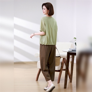 棉麻休闲套装女短袖2025夏季新款妈妈夏装洋气时尚亚麻裤子两件套图片