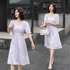 花边方领格纹泡泡袖连衣裙，女装连衣裙，韩蔻秀