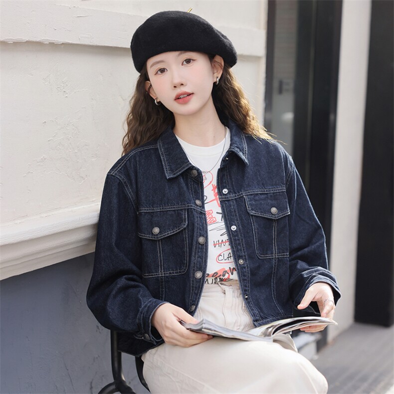 现货可推2024新款秋装港风复古简约宽松休闲气质水洗牛仔外套女,女装牛仔外套,苗苗