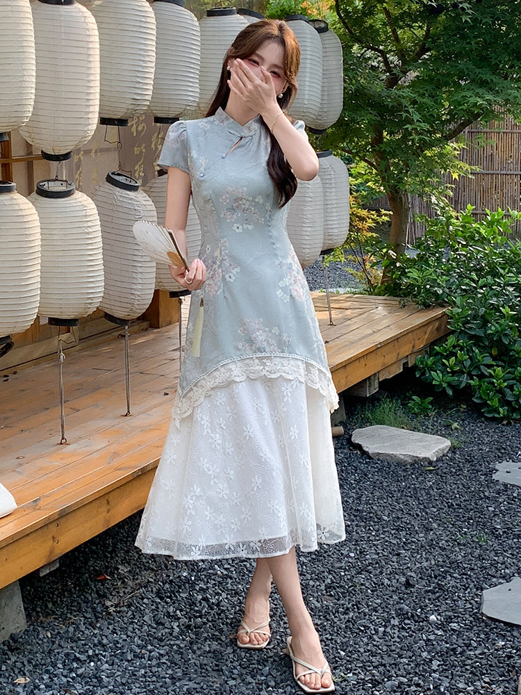 2025新中式国风改良印花短袖连衣裙子超好看修身假两件长裙子LXJ,女装连衣裙,玖莱伊