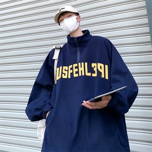 美式复古藏蓝色半拉链卫衣男潮ins潮牌立领外套高街小众Y101P36图片