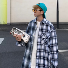 潮流潮慵懒时尚ins格子青春流行衬衫日常标准夏季男方领长袖，男装衬衫，星座716-2