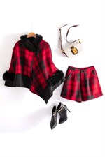 2024秋冬新款毛呢斗篷短裤红色格纹显瘦小洋装两件套袖毛可拆卸，女装套装/套裙，雅静靓衣