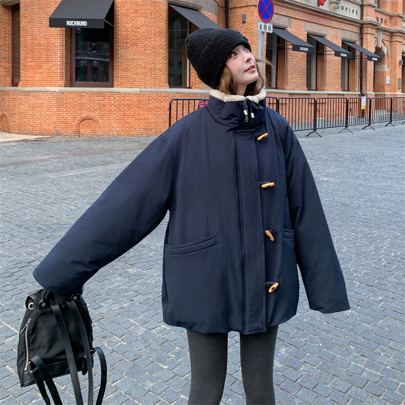 羊羔毛翻领藏蓝色短款派克羽绒服女冬超火好看加绒加厚工装外套,女装羽绒服,2C016