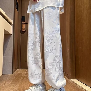 风薄款龙纹时尚阔腿裤男休闲裤夏季大码灯笼裤宽松九分裤男裤图片