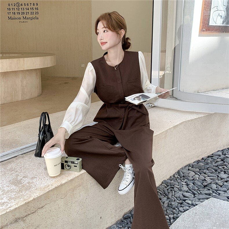 大方得体假两件上衣直筒裤套装女2025春秋新款轻熟收腰显瘦两件套,女装套装/套裙,2D145