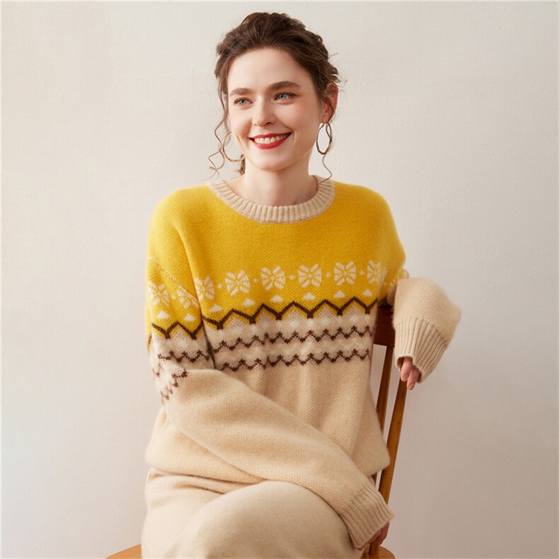 时尚宽松雪花山羊绒衫女撞色休闲圆领套头毛衣亲肤2025秋冬针织衫，女装羊绒衫，绒盛美羊绒