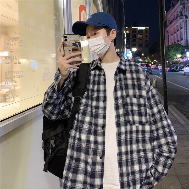 秋装港风日系复古工装格子衬衫长袖潮宽松百搭休闲中性H216/P45,男装衬衫,钱塘713