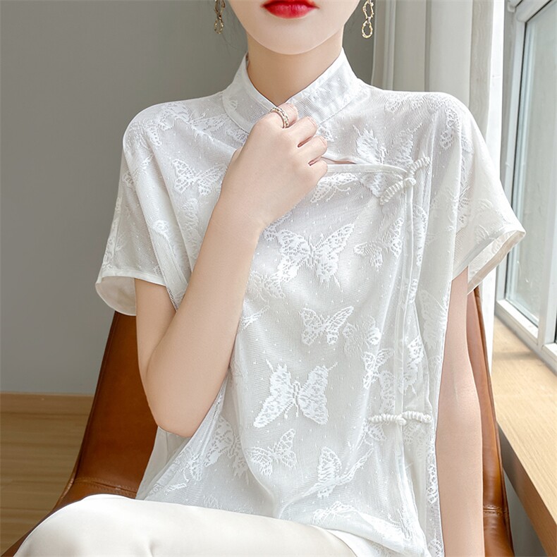 中式国风盘扣复古25年夏新款缎面丝滑提花短袖立领套头衬衫T恤女，女装蕾丝衫/雪纺衫，佳绒高端店