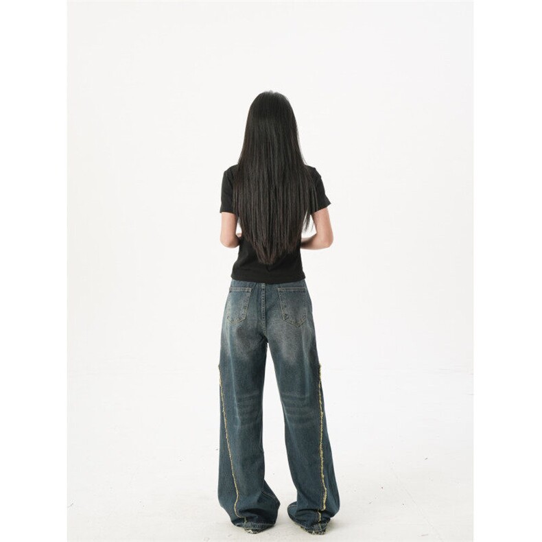 7851特P45牛仔阔腿裤女新款设计感拉链高腰垂感拖地长裤,女装休闲裤,电商A306A
