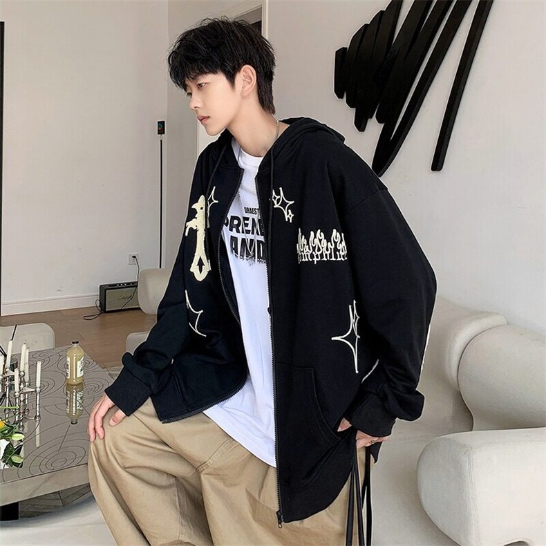 菱形连帽拉链卫衣秋冬季美式嘻哈宽松百搭个性刺绣外套WY95,男装卫衣,星座1116A（原606A-3）