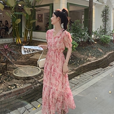 【现货】主推度假风印花长裙夏新款雪纺V领短袖长款裙子女，女装连衣裙，韩秀