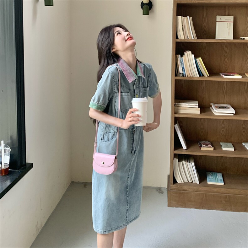 渐变翻领牛仔连衣裙女夏2025新款收腰显瘦气质小个子甜美爆款流行,女装连衣裙,2C266