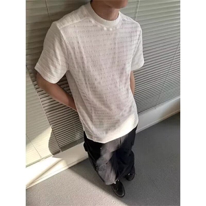 夏季静奢肌理混纺提花短袖t恤男黑色高级感痞帅修身圆领半袖男女图片