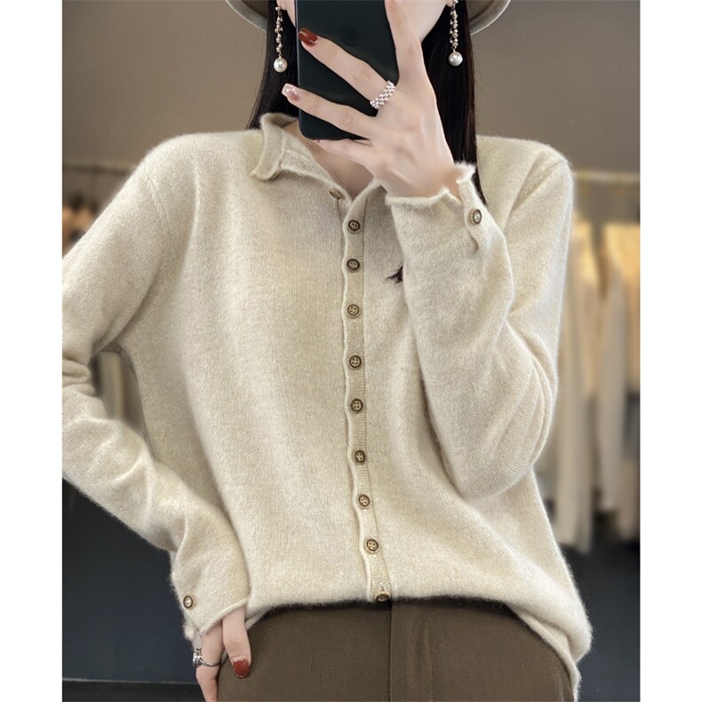 开衫女半高圆领带扣针织羊毛外套宽松休闲外搭复古文艺风上衣,女装羊毛衫,端硕羊绒
