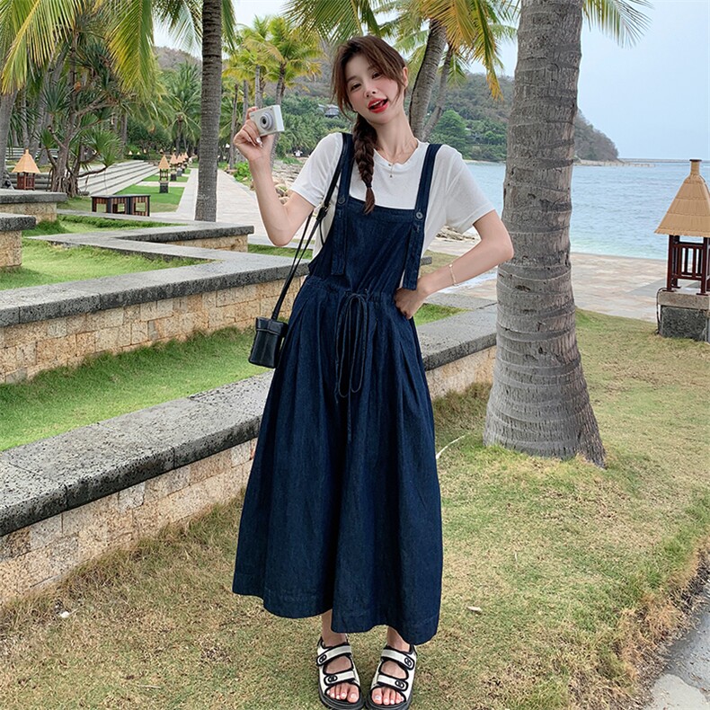深蓝色复古牛仔背带裤套装女2025夏新款高腰显瘦T恤阔腿裤两件套,女装套装/套裙,2C133