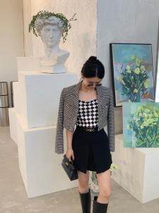 格子短外套，女装短外套，HE