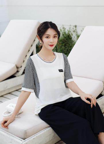 夏季新款冰丝拼条纹上衣，女装，红利秀雅