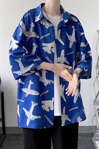 夏季潮流小飞机满印ins衬衫男新款冰丝情侣装 A071-C35-P38图片
