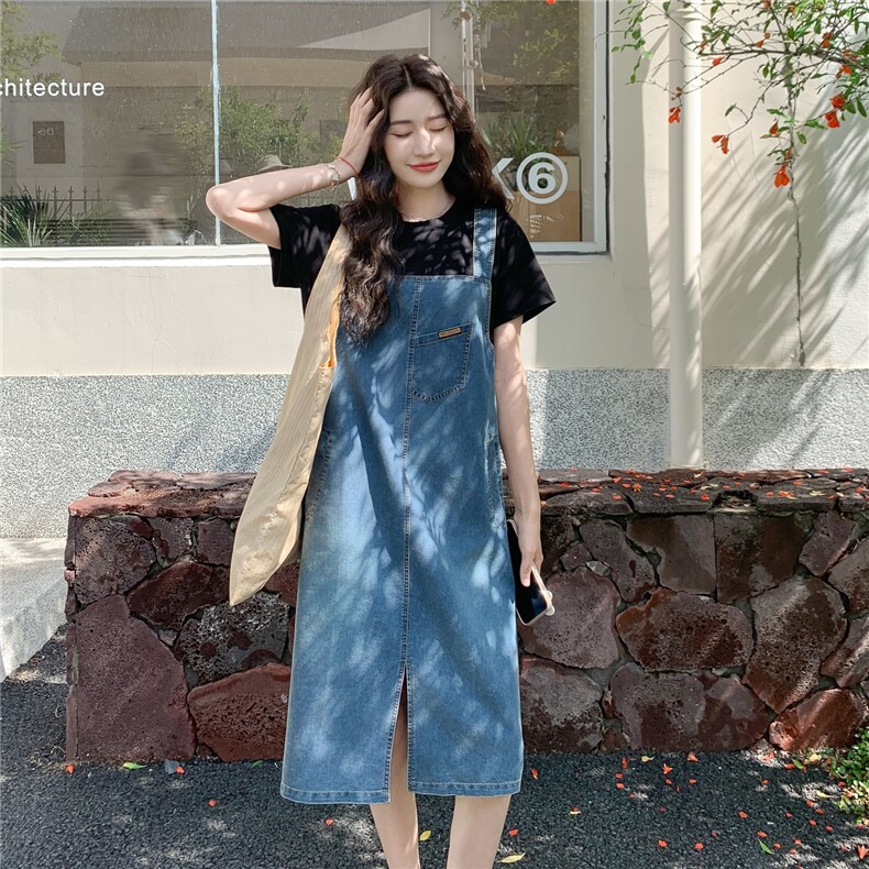 牛仔连衣裙女2025夏新款高级感时尚减龄气质显瘦拼接假两件背带裙图片